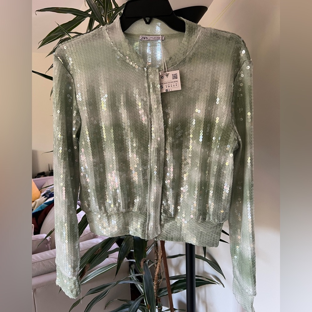ZARA Women’s Sequin Tulle Green Ombre Bomber Jacket size Small - new with tags
